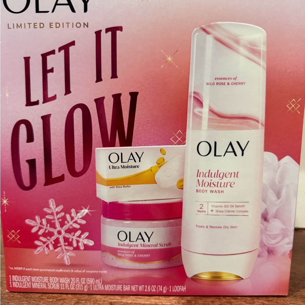 NWT OLAY Let it Glow Indulgent Moisture Body Wash and Scrub Set